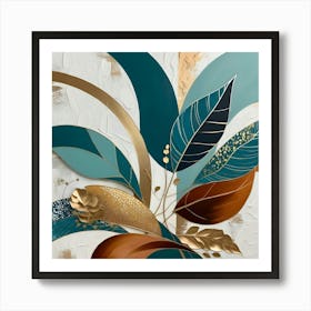 Abstract Leaves In Blue And Gold 1 Art Print