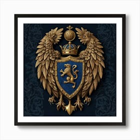 A mesmerizing coat of arms, featuring a striking eye at its center, is primarily adorned in the regal color of midnight blue. Two majestic griffins stand proudly on either side, with crossed weapons beneath them, all against a background shield. This detailed image, reminiscent of a medieval painting, exudes a sense of power and mystery. The craftsmanship is impeccable, with intricate details that command attention. The rich hues and intricate design make it a truly captivating and commanding piece of art. 2 Art Print