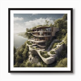 Very Amazing House On Mountain Surrounded By A Lot Of Tree And Near Of Beach Or River Art Print