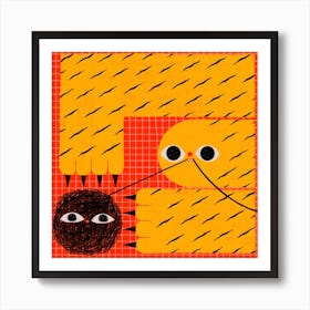 yellow happy tiger plays with woolen ball on checkered red backdrop Art Print