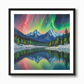 Aurora Over Snow Capped Peaks A Tranquil Mountain Reflection (9) Art Print