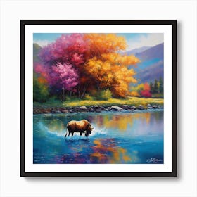 Bison In The River Art Print