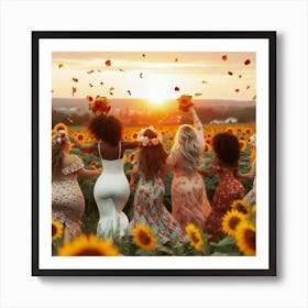 Bridesmaids In Sunflower Field 1 Art Print