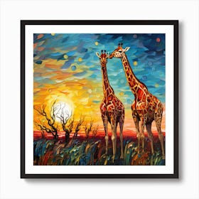 Giraffes At Sunset 25 Art Print