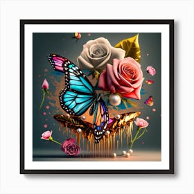 Butterfly And Roses Art Print