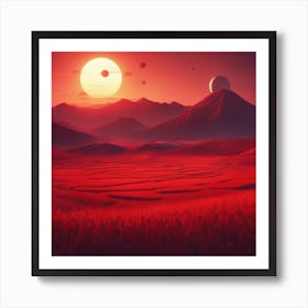 A Beautiful Sunset With A Big Red Mars Setting On The Horizon, The Sun Shines Through The Tops Of Ri Art Print