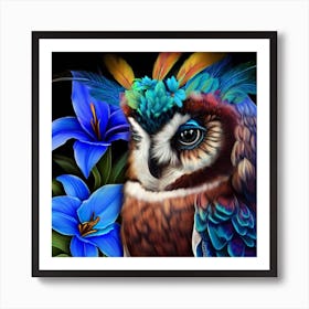 Owl With Blue Flowers 12 Art Print