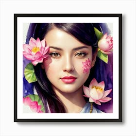 Chinese Girl With Lotus Flowers Art Print