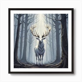 A White Stag In A Fog Forest In Minimalist Style Square Composition 38 Art Print