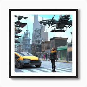 3d render of a future city with buildings and people walking around and flying cars Art Print