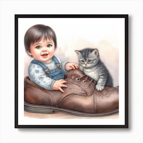 Little Boy With Kitten In Shoes Art Print