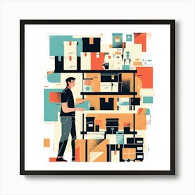 Illustration Of A Man Working In A Warehouse Art Print