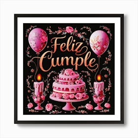 Feliz cumple and Feliz cumpleaños sign means Happy Birthday in Spanish language, Birthday party celebration gift with birthday cake candle colorful balloons best congratulation over light background wall artFeliz Cumple 38 Art Print