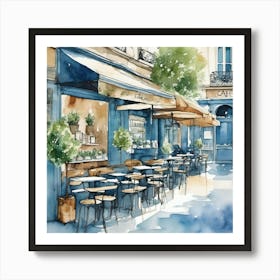 Paris Street Cafe Scene Illustration Sage Blue Watercolour 3 Art Print Art Print