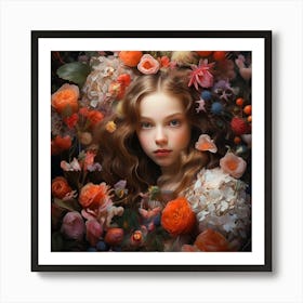 Girl Surrounded By Flowers Art Print