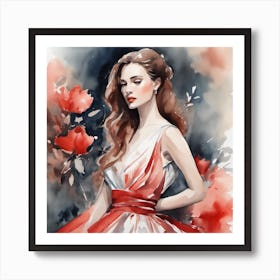 Watercolor Of A Woman In Red Dress Póster