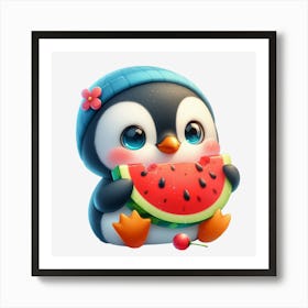 Cute Penguin Eating Watermelon Art Print