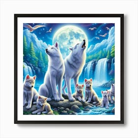 Wolf Family under moonlit waterfall Art Print