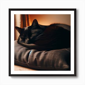 Black Cat Sleeping On A Pillow 1 Art Print