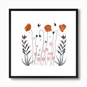 Poppies And Birds Art Print