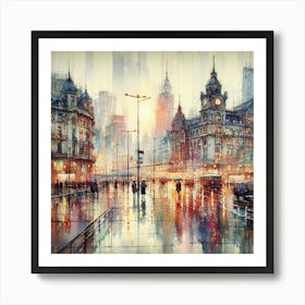 Cityscape in Rain: Nostalgic Watercolor Painting Inspired by Bernard Buffet | Impressionistic Techniques and Atmosphere. Art Print