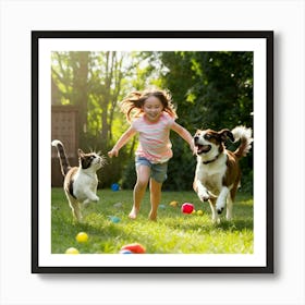 Young Girl Playing With Dogs Art Print