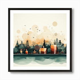 Watercolor Cityscape With Candles Art Print