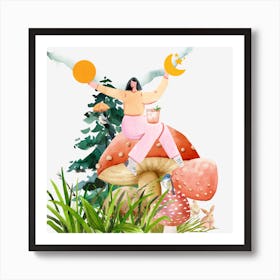 Positive Vibes Woman And Mushrooms Art Print