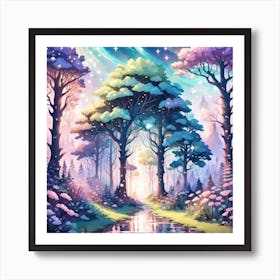 A Fantasy Forest With Twinkling Stars In Pastel Tone Square Composition 386 Art Print