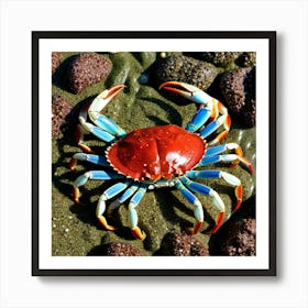 Crab Crustacean Marine Shellfish Ocean Beach Claw Legs Pincers Red Blue Green Brown Whi (3) Art Print