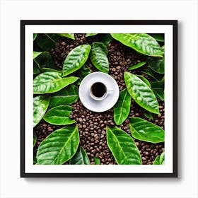 Coffee Beans On Green Leaves Art Print