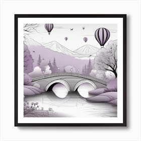 Hot Air Balloons Over A Bridge Minimalistic line art Landscape purple Art Print