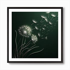 "Serene Dispersal"  In the stillness of a verdant field, two dandelions release their seeds into the world, a luminous display of life’s silent yet profound march forward. The play of light brings each delicate filament to life against the rich, dark background, an ode to nature's understated grandeur.  This piece encapsulates the tranquil beauty of nature's cycles, offering a serene addition to any collection. It is an invitation to embrace life's simple joys and the serene moments of growth and release that shape our existence. Art Print