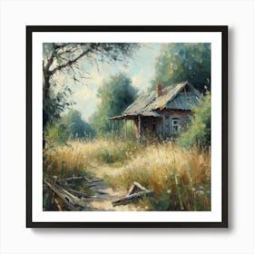 Old Eastern Europe House In The Woods, Acrylic Painting Style Art Print