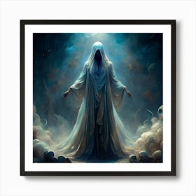 White Robed Figure Standing In A Cloud With Red Eyes Art Print