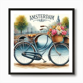 Bicycle On Canal Amsterdam Wall Print Art A Nostalgic And Charming Scene Capturing The Essence Of Amsterdam, Perfect For Adding A Touch Of Dutch Elegance To Any Space Art Print