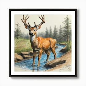 Deer By The Stream 2 Poster