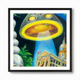 Abstract Oil Painting, Church, Ufo, Aliens Art Print