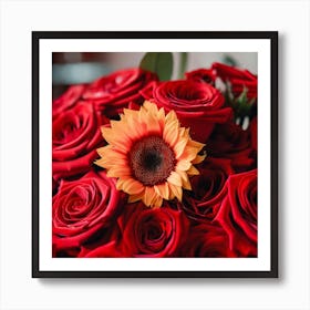 Red Roses With Sunflower Art Print
