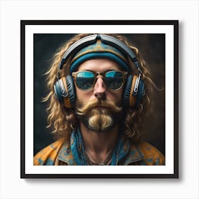 Man With Beard And Headphones Art Print