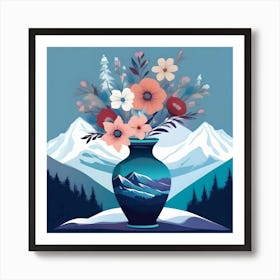 Vase With Flowers  Decorated with Snowy Landscapes, Blue with Peach, Red and White Flowers Art Print