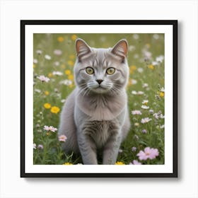 A Cute Grey Cat In A Floral Field Art Print