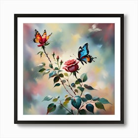 Roses And Butterflies 2 Art Print