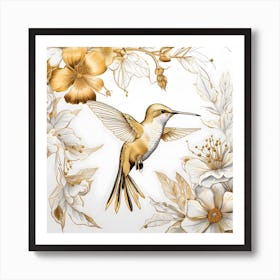 Hummingbird and Gold Flowers Art Print