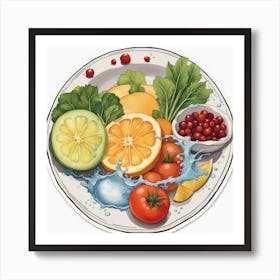 A Plate Of Food And Vegetables Sticker Top Splashing Water View Food 8 Art Print