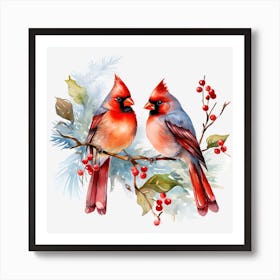 Cardinal Birds On A Branch Art Print