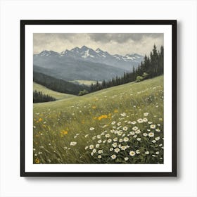 vintage oil painting of wild flowers in a meadow, mountains in the background 13 Art Print