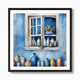 Blue wall. Open window. From inside an old-style room. Silver in the middle. There are several small pottery jars next to the window. There are flowers in the jars Spring oil colors. Wall painting.63 Art Print