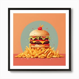 Burger Fries Cheese Melting Fresh Basil Tomato Olives Sandwich French Fries Fast Food Art Print