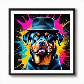 Rottweiler Dog With Black Hat Dark Shades Just Looking Real Cool Vibrant Colours Art Print